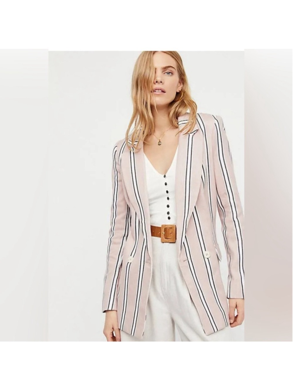 Free People Rose Pink Oversized Striped Knit Uptown Women Blazer size Small